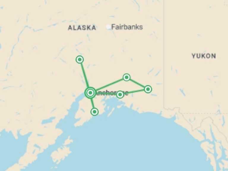Map itinerary of Anchorage Tour in July 2026 with 6 destination visits for the trip: Ultimate Active Alaska