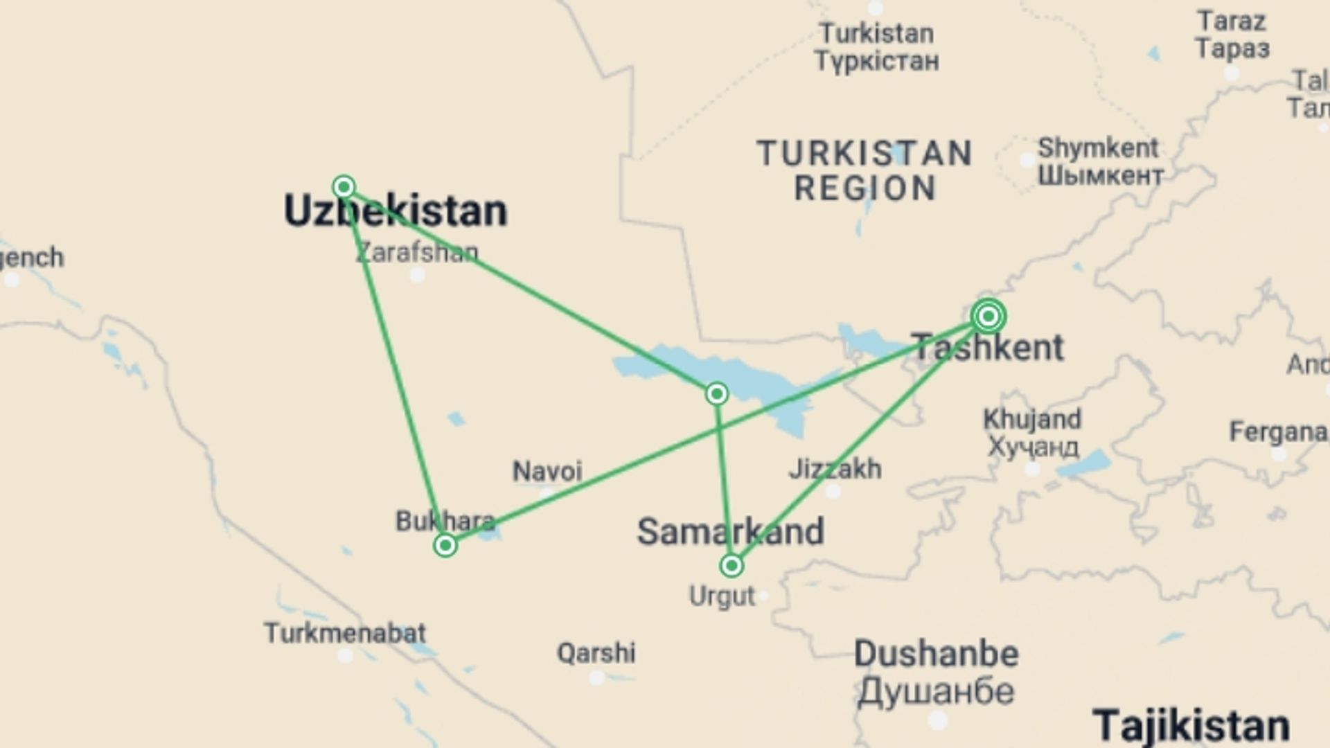 A map showing the tour itinerary for the trip: Uzbekistan Adventure, starting in Tashkent, Uzbekistan and ending in Tashkent, Uzbekistan going through 4 other destinations.