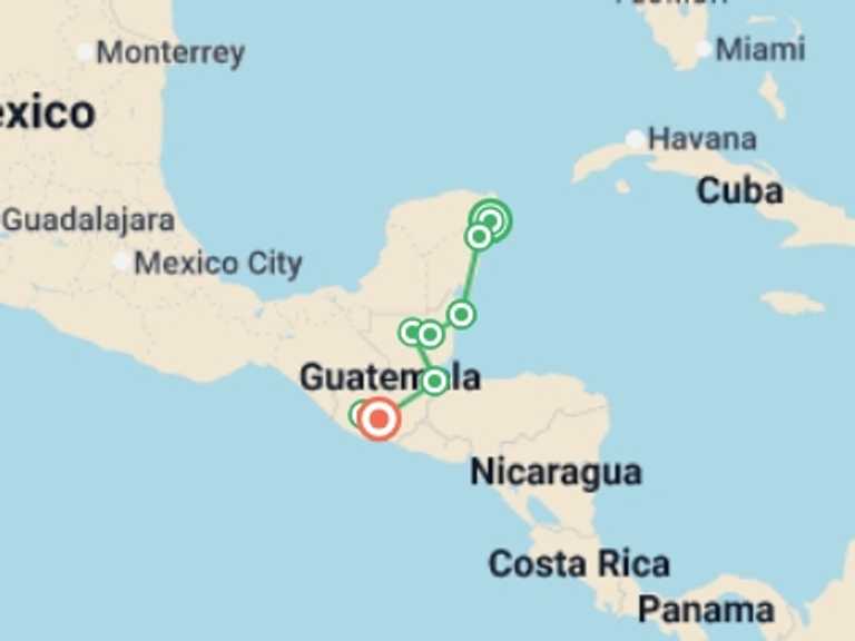 Map of a Adventure and sport Tour with 8 destination visits for the trip: Real Central America