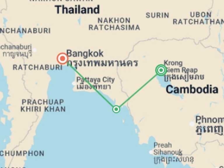 Map itinerary of Asia Tour in January 2027 with 3 destination visits for the trip: Cambodia & Thailand: Angkor Wat, Koh Chang & Cardamom Mountain Adventure