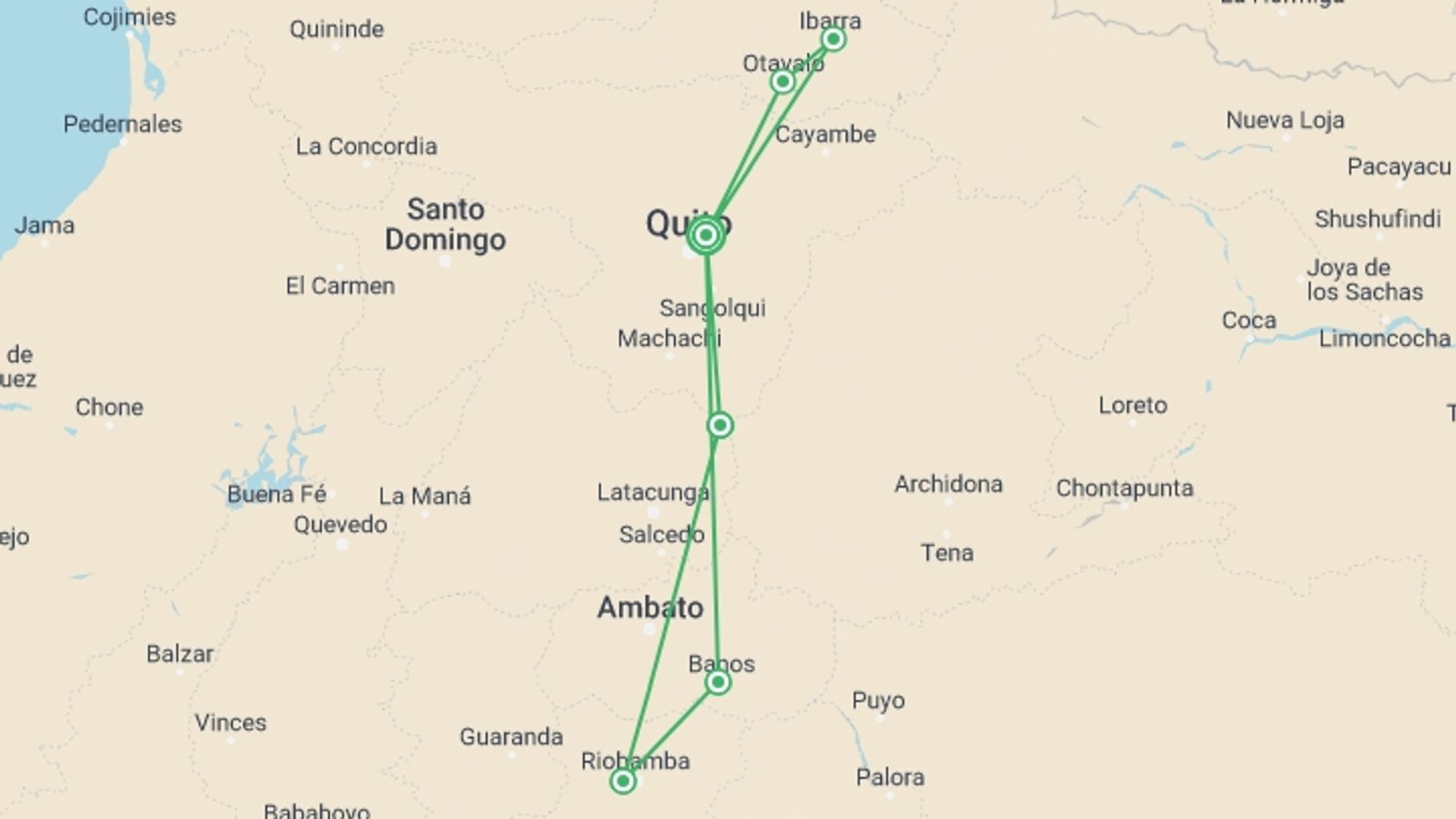 A map showing the tour itinerary for the trip: Summits of Ecuador, starting in Quito, Ecuador and ending in Quito, Ecuador going through 5 other destinations.
