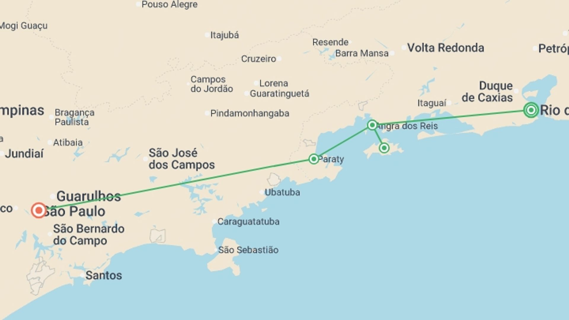 A map showing the tour itinerary for the trip: Rio, Green Coast & Sao Paulo - 9 days, starting in Rio de Janeiro, Brazil and ending in Sao Paulo, Brazil going through 2 other destinations.