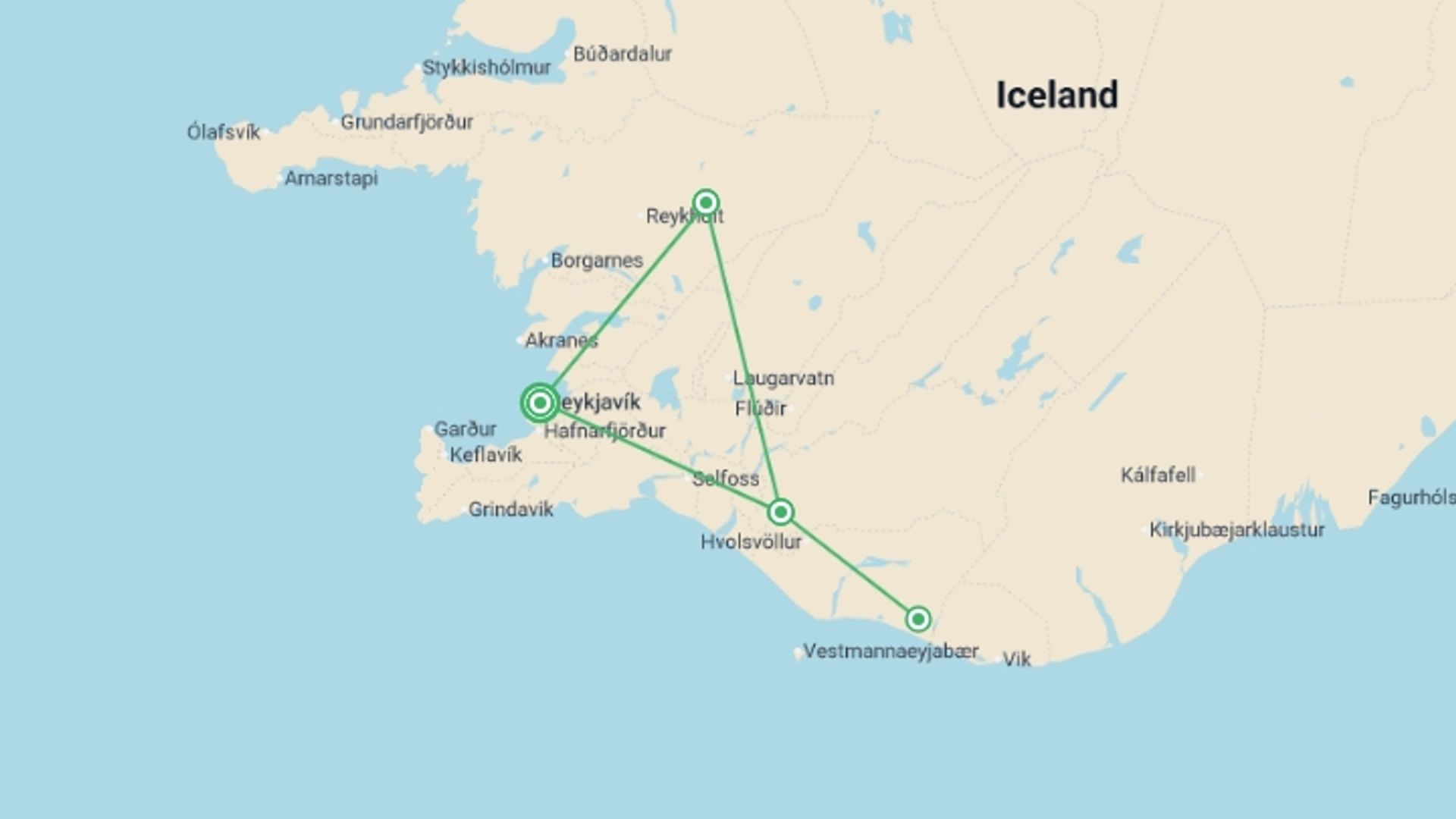 A map showing the tour itinerary for the trip: Iceland: The Snaefellsnes Peninsula, Volcanoes & Hiking Húsafell, starting in Reykjavik, Iceland and ending in Reykjavik, Iceland going through 2 other destinations.