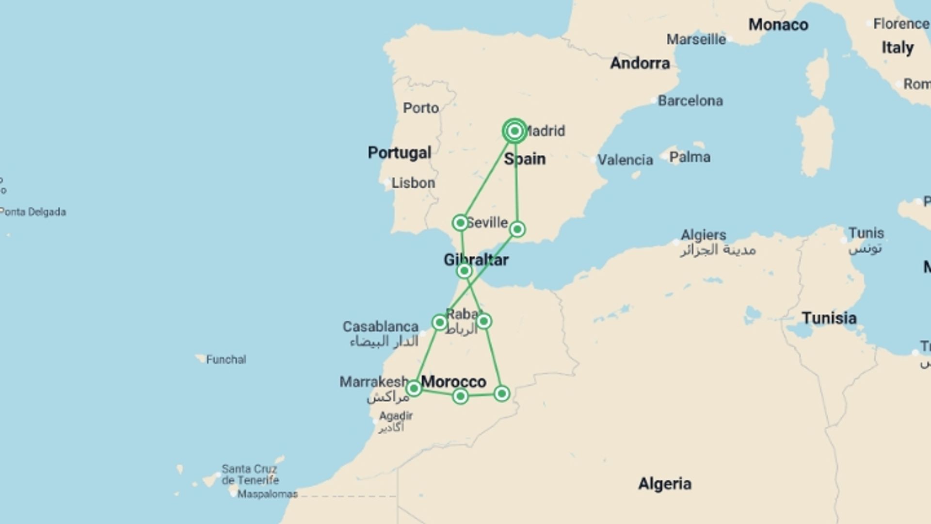 A map showing the tour itinerary for the trip: Madrid and Magical Morocco, starting in Madrid, Spain and ending in Madrid, Spain going through 8 other destinations.