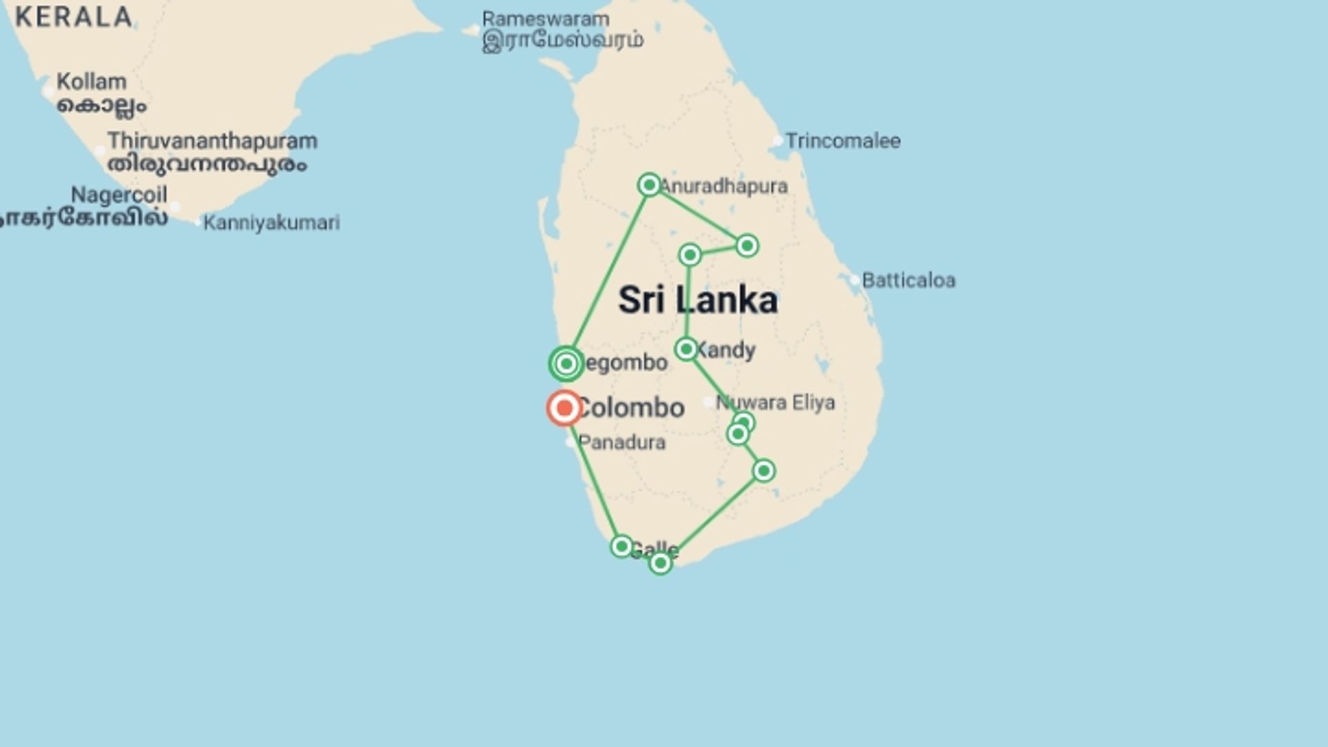 A map showing the tour itinerary for the trip: Best of Sri Lanka, starting in Negombo, Sri Lanka and ending in Colombo, Sri Lanka going through 9 other destinations.