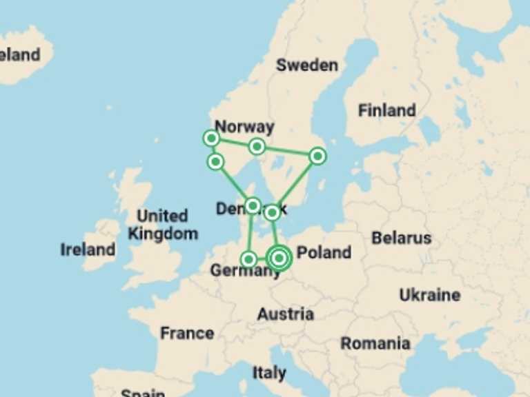 Map itinerary of Europe Tour in January 2027 with 8 destination visits for the trip: Northern Germany and Scandinavia with Berlin