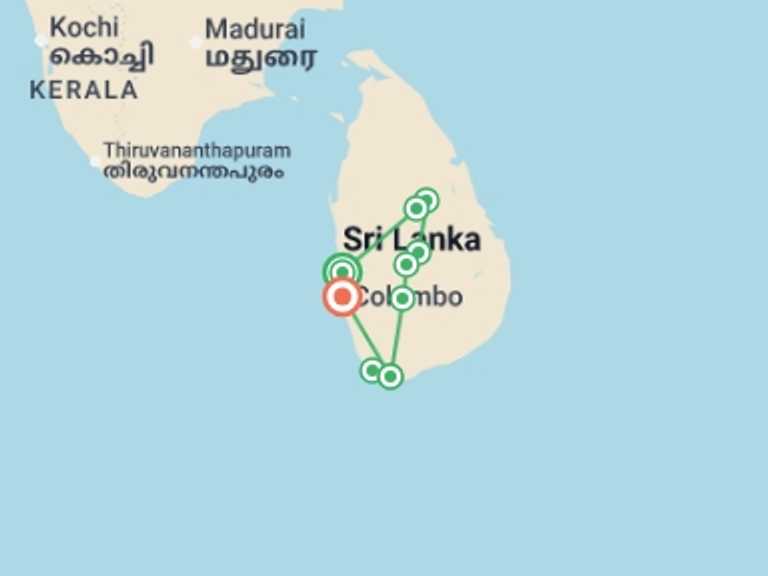 Map itinerary of South Asia Tour in August 2027 with 8 destination visits for the trip: Sri Lanka: Hike, Bike & Kayak