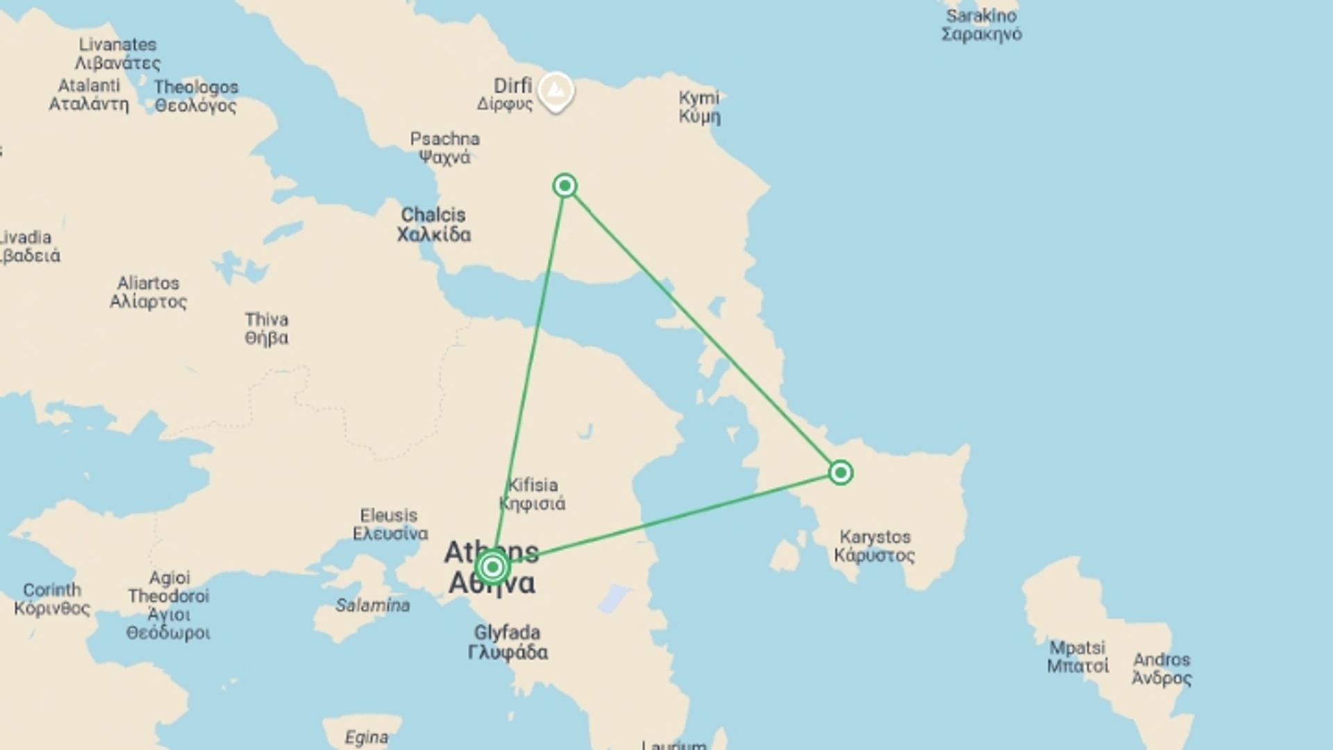 A map showing the tour itinerary for the trip: Walking the Mountains & Villages of Evia, starting in Athens, Greece and ending in Athens, Greece going through 2 other destinations.