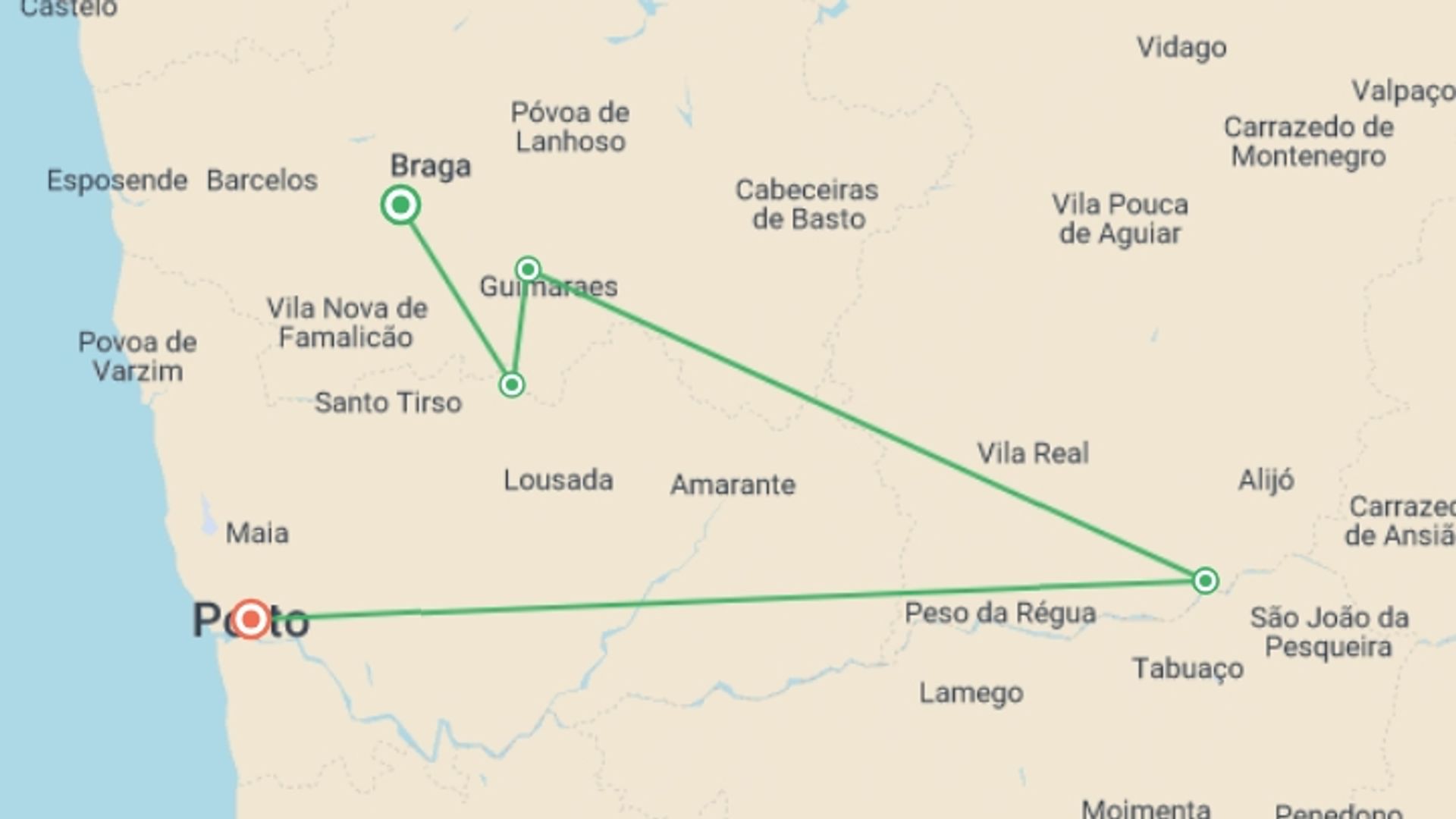 A map showing the tour itinerary for the trip: Douro Rambler, starting in Northern Portugal, Portugal and ending in Porto, Portugal going through 6 other destinations.
