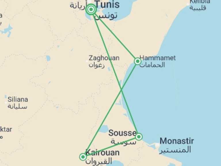 Map itinerary of Tunisia Tour in February 2027 with 3 destination visits for the trip: Taste Of Tunisia, Small Group Tour