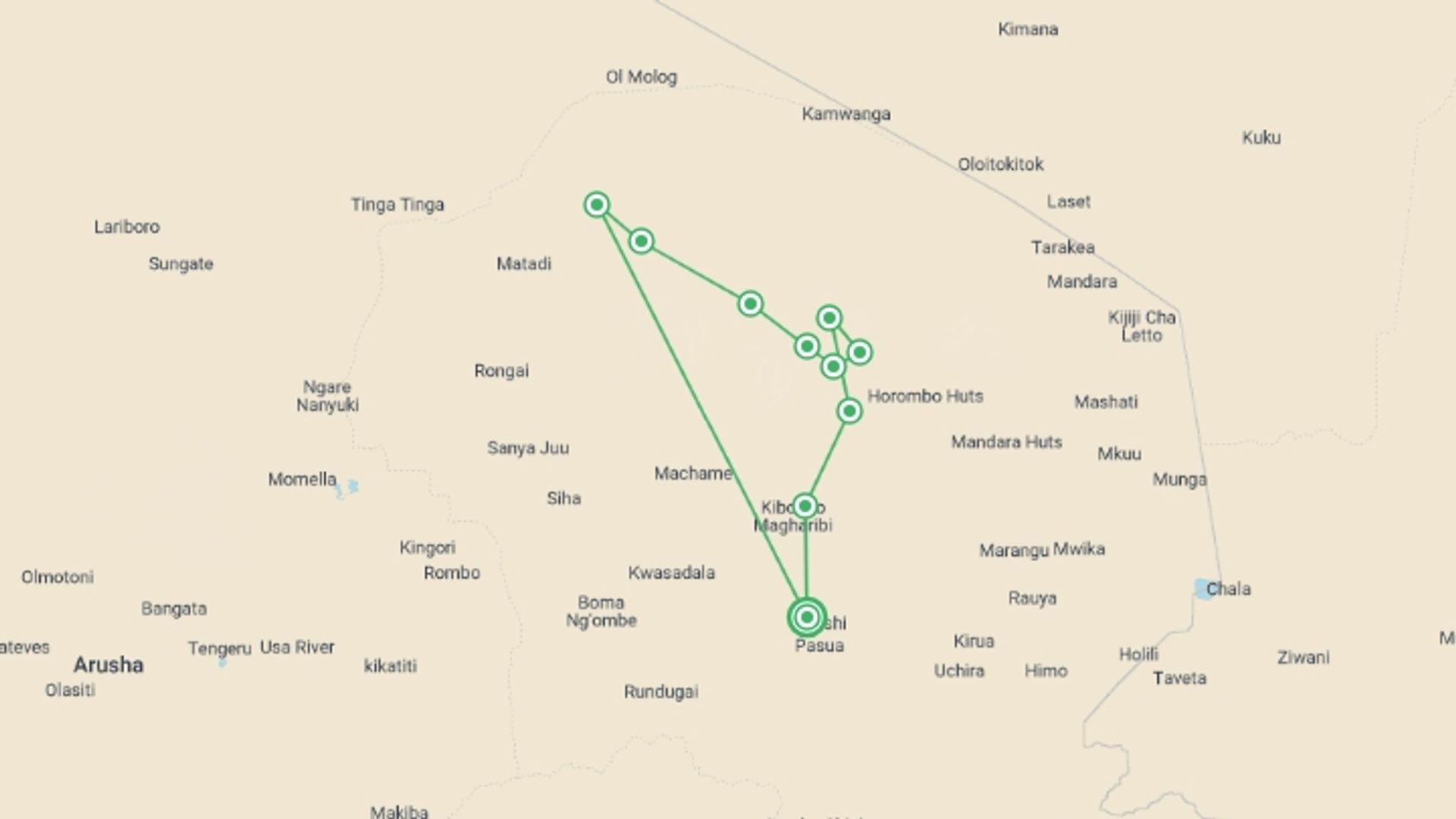 A map showing the tour itinerary for the trip: Seven Day Lemosho Route, starting in Moshi, Tanzania and ending in Moshi, Tanzania going through 7 other destinations.