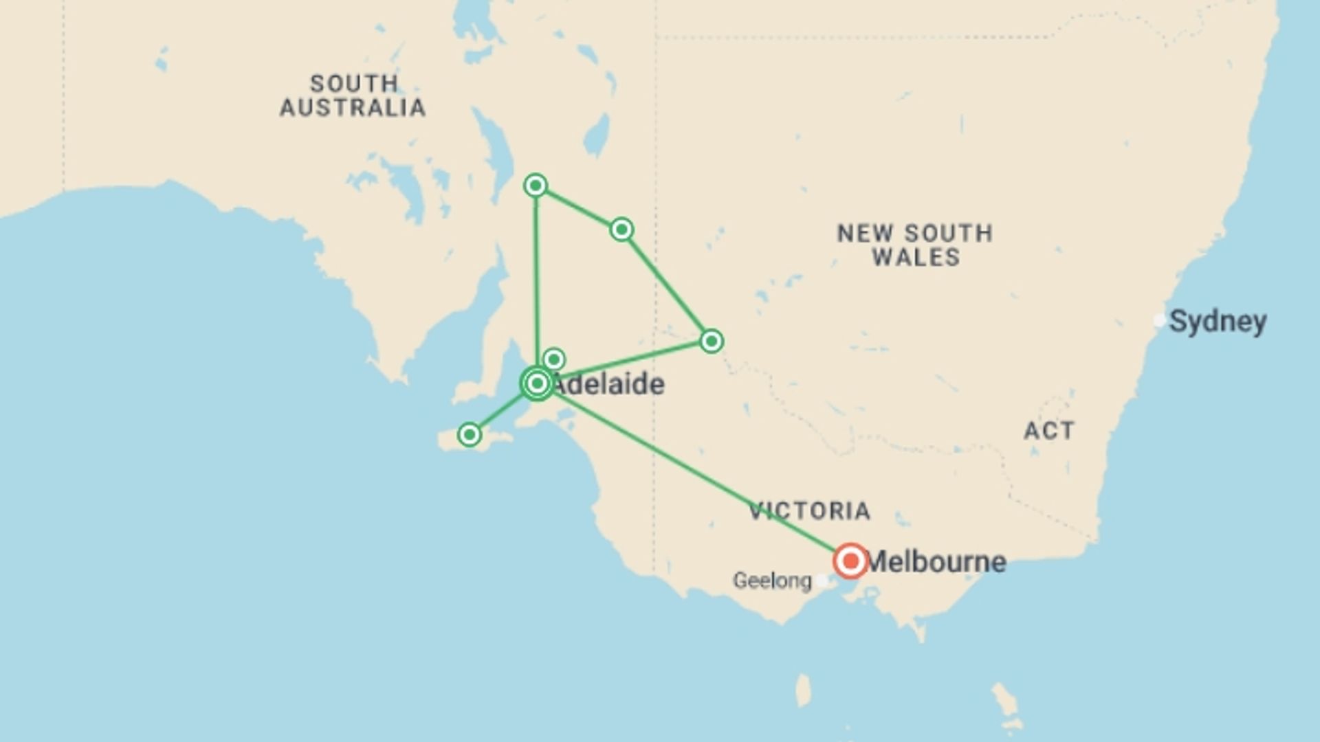 A map showing the tour itinerary for the trip: Outback Landscapes, starting in Adelaide, Australia and ending in Melbourne, Australia going through 5 other destinations.