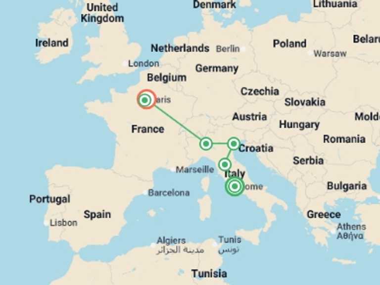 Map of Europe Tour with 7 destination visits for the trip: Icons of Italy with Paris by Train