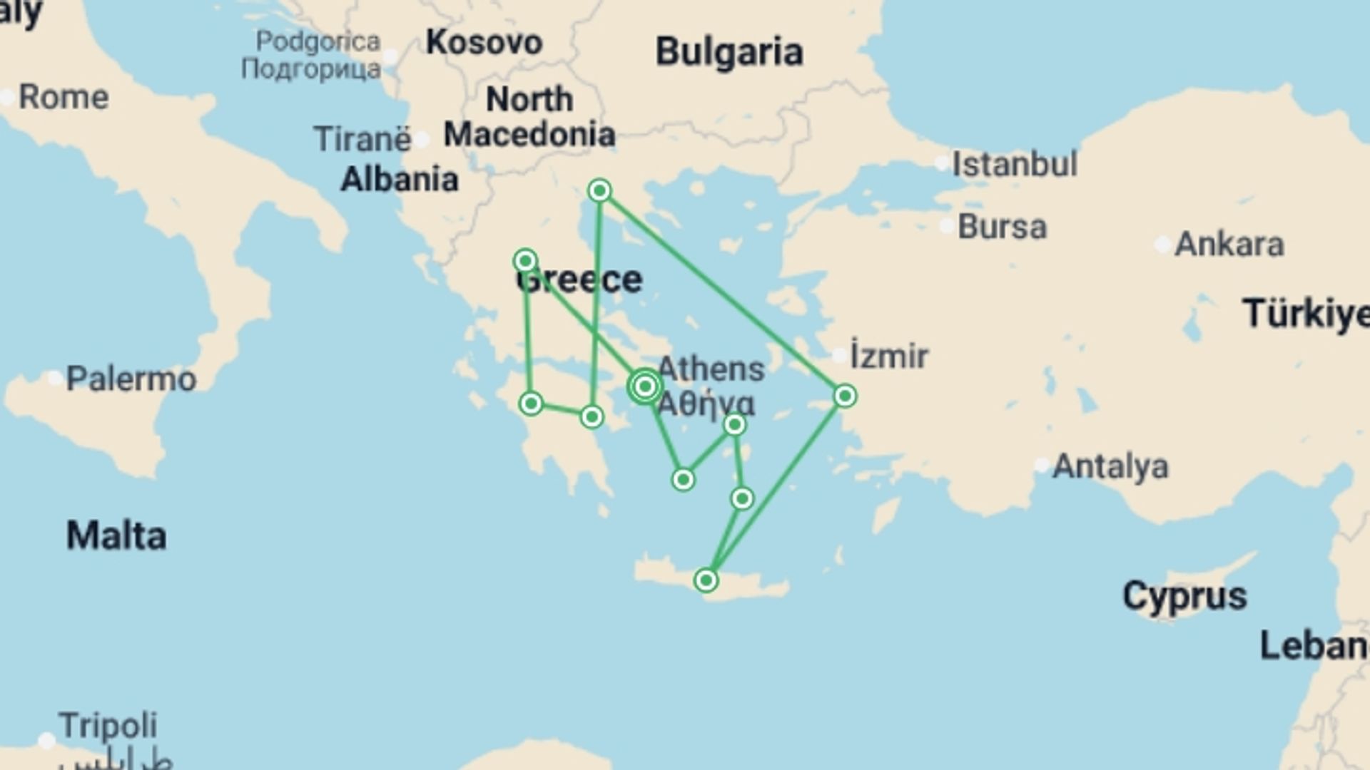 A map showing the tour itinerary for the trip: Grecian Fables, starting in Athens, Greece and ending in Athens, Greece going through 0 other destinations.