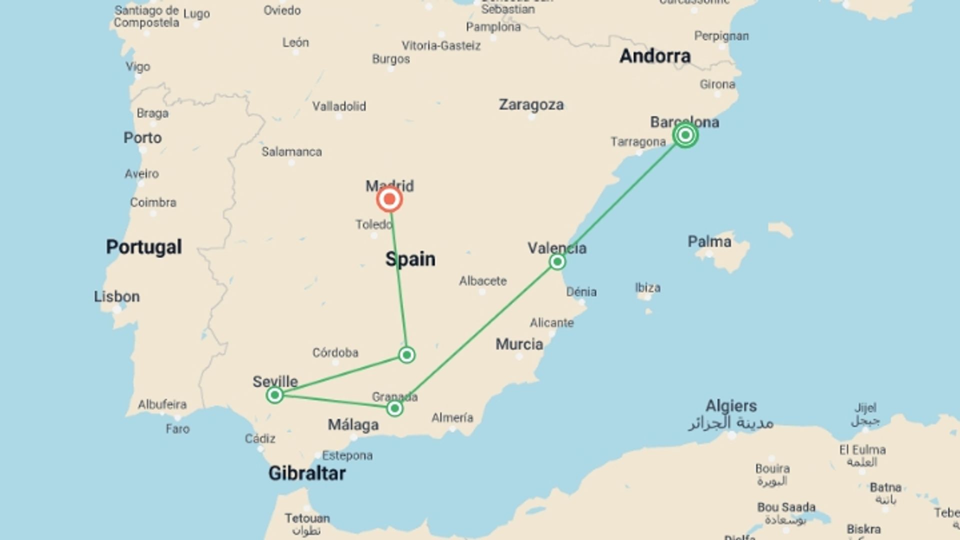 A map showing the tour itinerary for the trip: Amazing Spain with Barcelona, starting in Barcelona, Spain and ending in Madrid, Spain going through 3 other destinations.