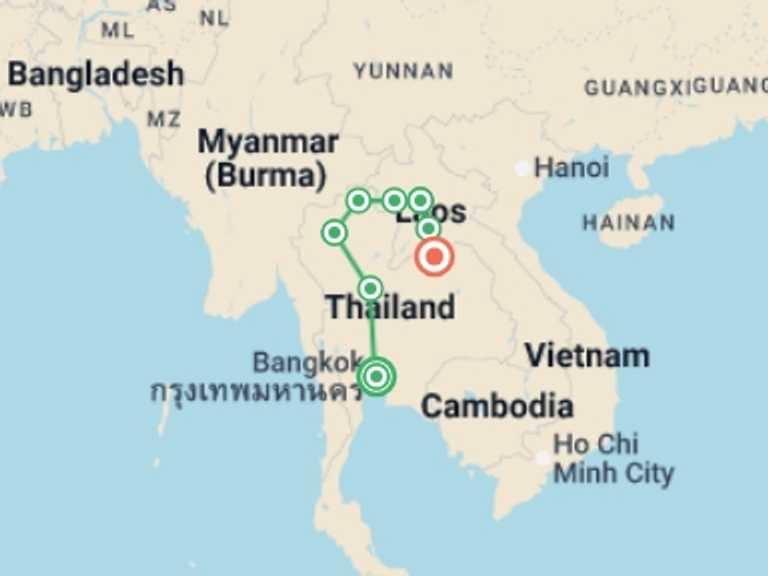 Map of Chiang Mai Tour with 8 destination visits for the trip: Traditional Thailand and Mystic Laos with the Mekong