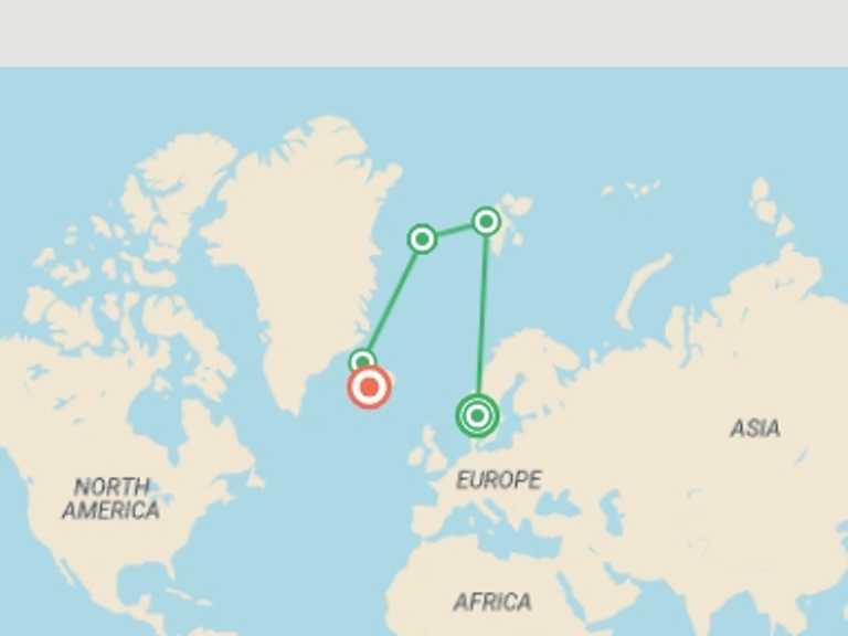 Map of Scandinavia Tour with 5 destination visits for the trip: Spitsbergen, Greenland and Iceland - M/V Sylvia Earle