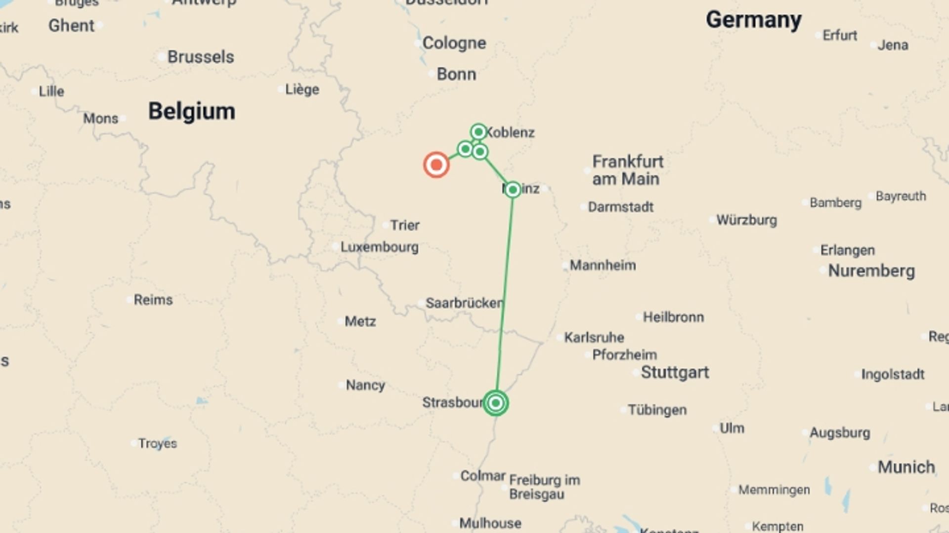 A map showing the tour itinerary for the trip: The Rhine and Moselle Rivers (port-to-port cruise), starting in Strasbourg, France and ending in Cochem, Germany going through 2 other destinations.