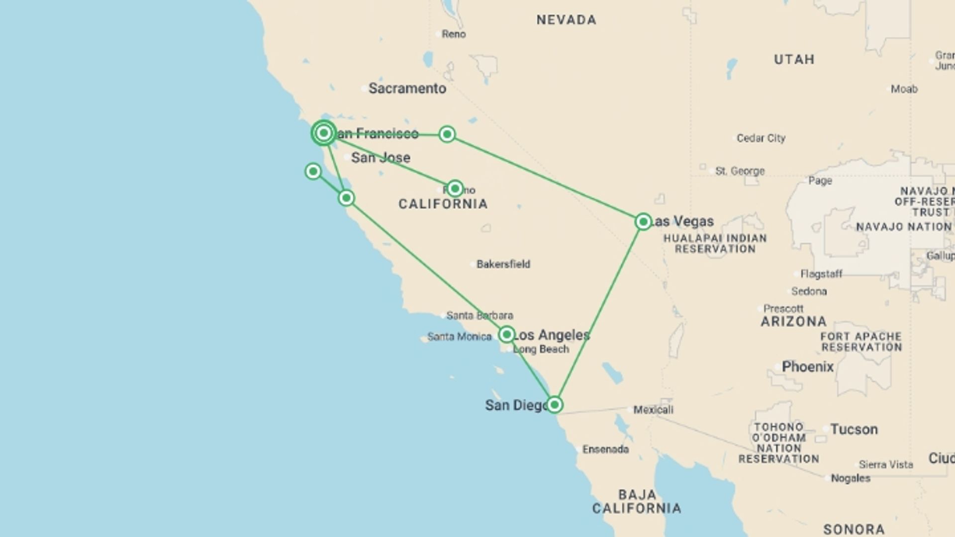 A map showing the tour itinerary for the trip: U.S. Small Group Tour - The Best of the West, starting in San Francisco, USA and ending in San Francisco, USA going through 7 other destinations.