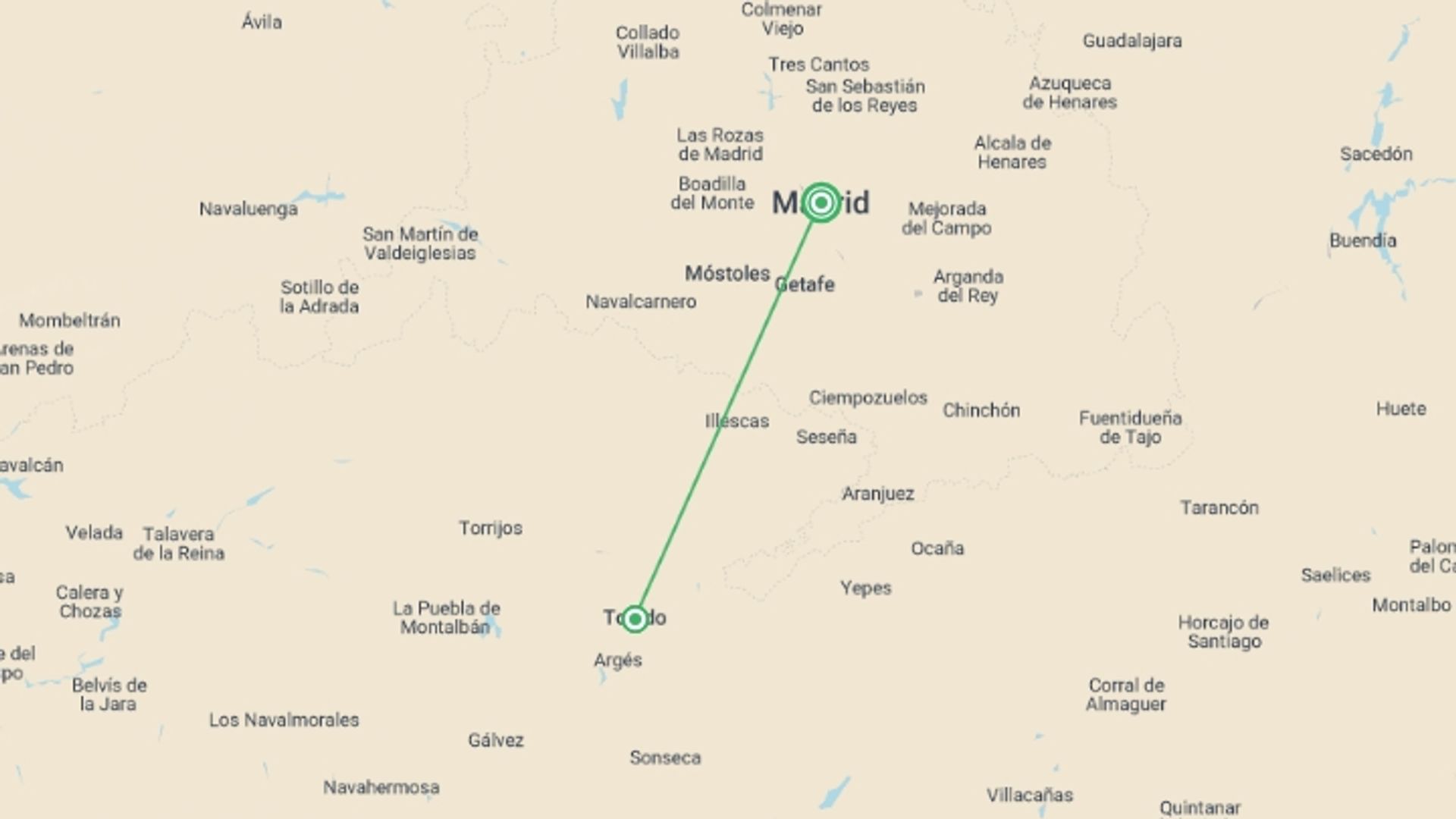 A map showing the tour itinerary for the trip: Toledo Day Trip From Madrid Including Zip-line Ticket, starting in Madrid, Spain and ending in Madrid, Spain going through 1 other destinations.