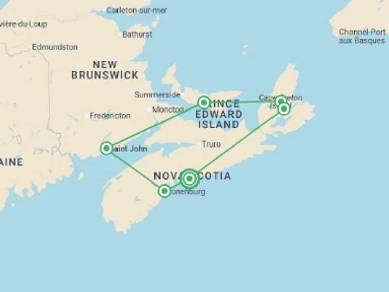 Map of 9-Day Canada Tour with 6 destination visits for the trip: Enchanting Canadian Maritimes