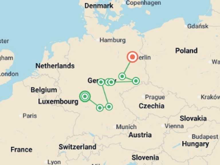 Map of 8-Day Europe Tour with 5 destination visits for the trip: German Christmas Markets