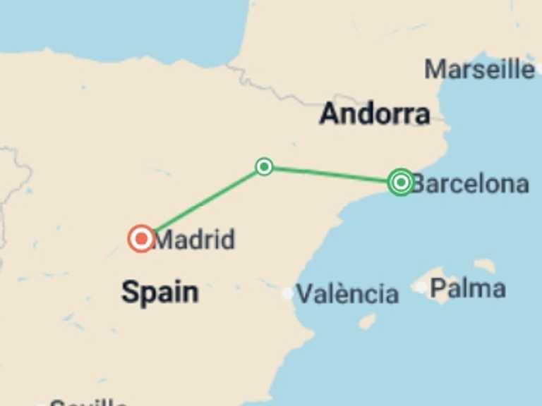 Map of Spain Tour with 2 destination visits for the trip: Barcelona, Zaragoza & Madrid - 5 days