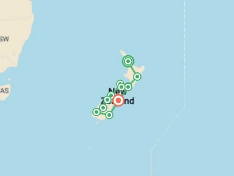 Map of a Adventure Tour with 12 destination visits for the trip: New Zealand Explorer