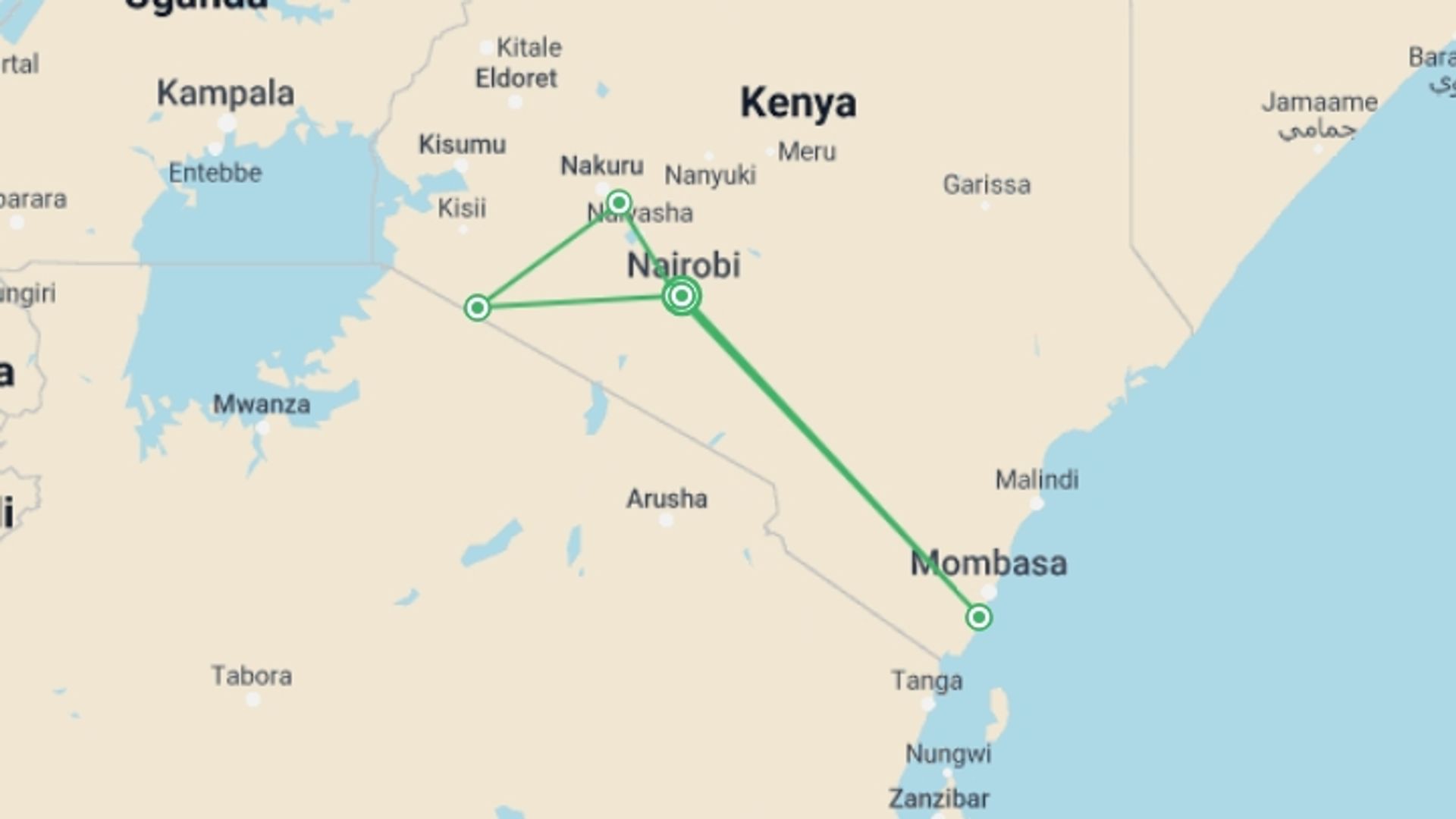 A map showing the tour itinerary for the trip: JAMBO PACK SAFARI, starting in Nairobi, Kenya and ending in Nairobi, Kenya going through 7 other destinations.