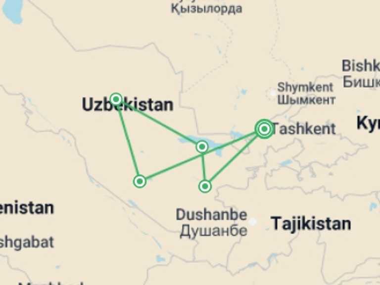 Map itinerary of Bukhara Tour in May 2026 with 5 destination visits for the trip: Uzbekistan Adventure