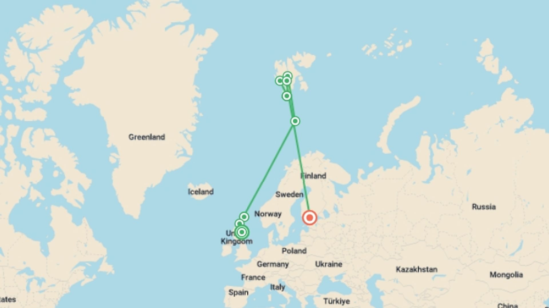 A map showing the tour itinerary for the trip: Scotland to Spitsbergen: Puffins, Sea Ice and Wildlife, starting in Aberdeen, Scotland and ending in Helsinki, Finland going through 7 other destinations.