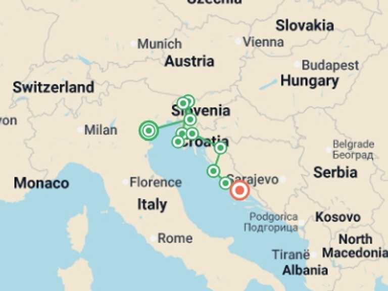 Map of Europe Tour with 6 destination visits for the trip: Premium Venice to Split