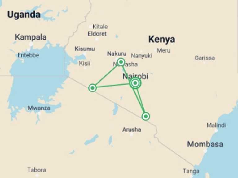 Map of Kenya Tour with 5 destination visits for the trip: Picturesque Solo Kenya Tour