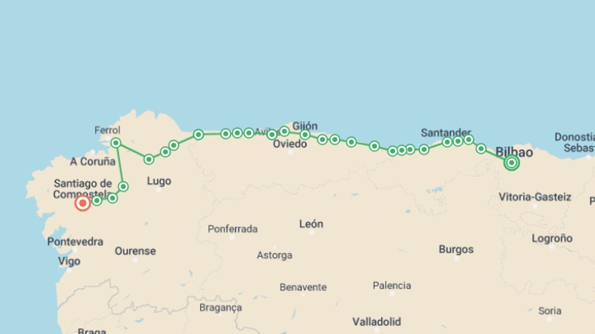 A map showing the tour itinerary for the trip: Camino Norte - Bilbao to Santiago, starting in Bilbao, Spain and ending in Santiago De Compostela, Spain going through 26 other destinations.