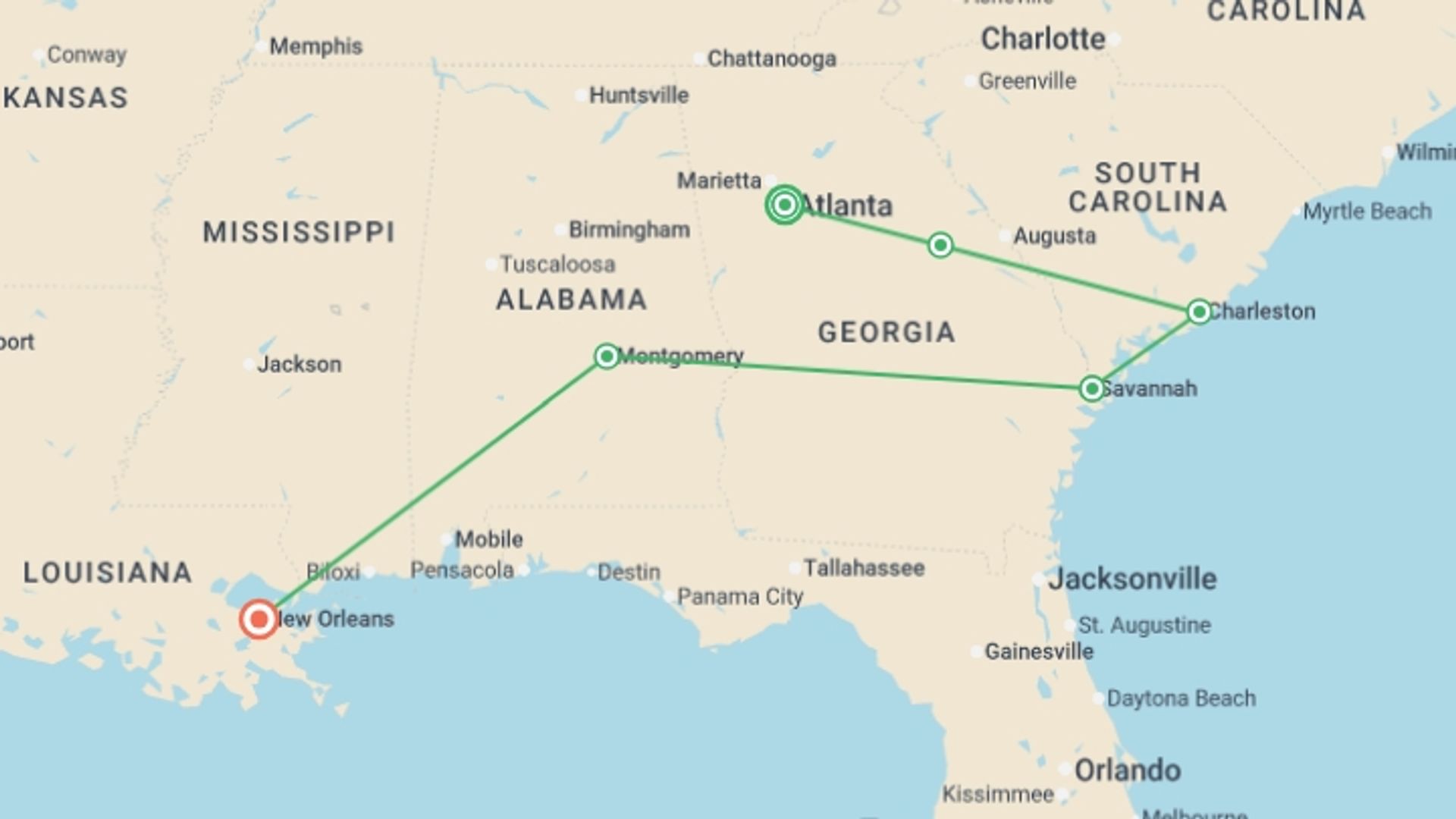 A map showing the tour itinerary for the trip: Deep South Atlanta to New Orleans - 9 days, starting in Atlanta, USA and ending in New Orleans, USA going through 3 other destinations.