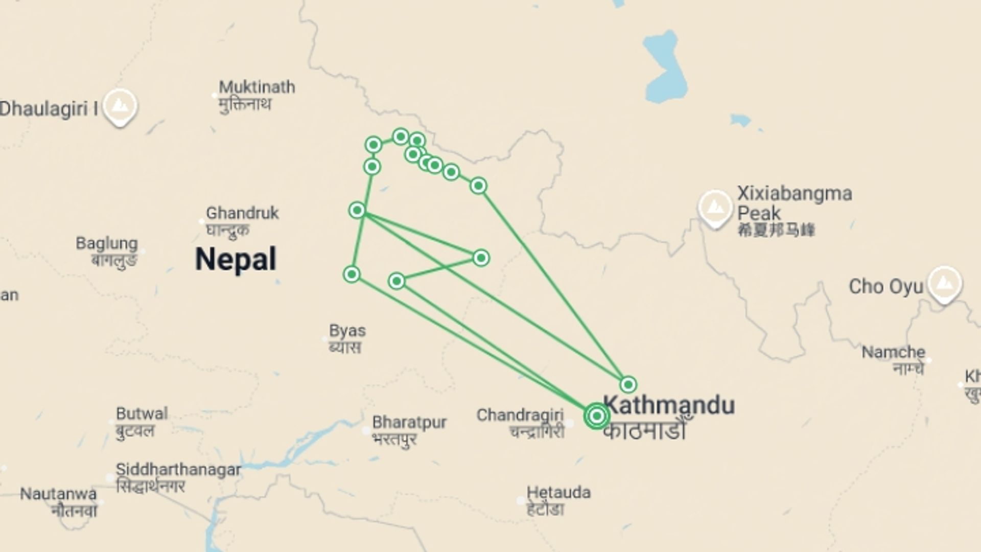 A map showing the tour itinerary for the trip: Manaslu Circuit and Larkya La Pass, starting in Kathmandu, Nepal and ending in Kathmandu, Nepal going through 16 other destinations.