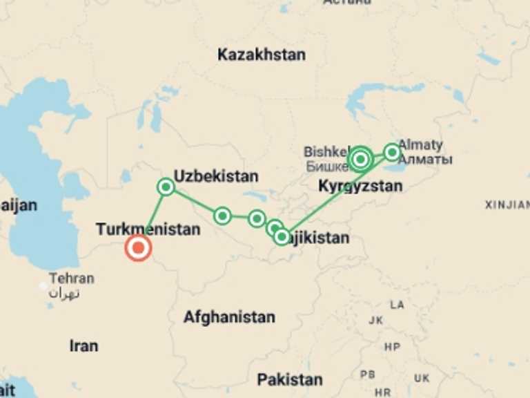Map of Asia Tour with 8 destination visits for the trip: Signature: The Five Stans & the Heart of the Silk Road