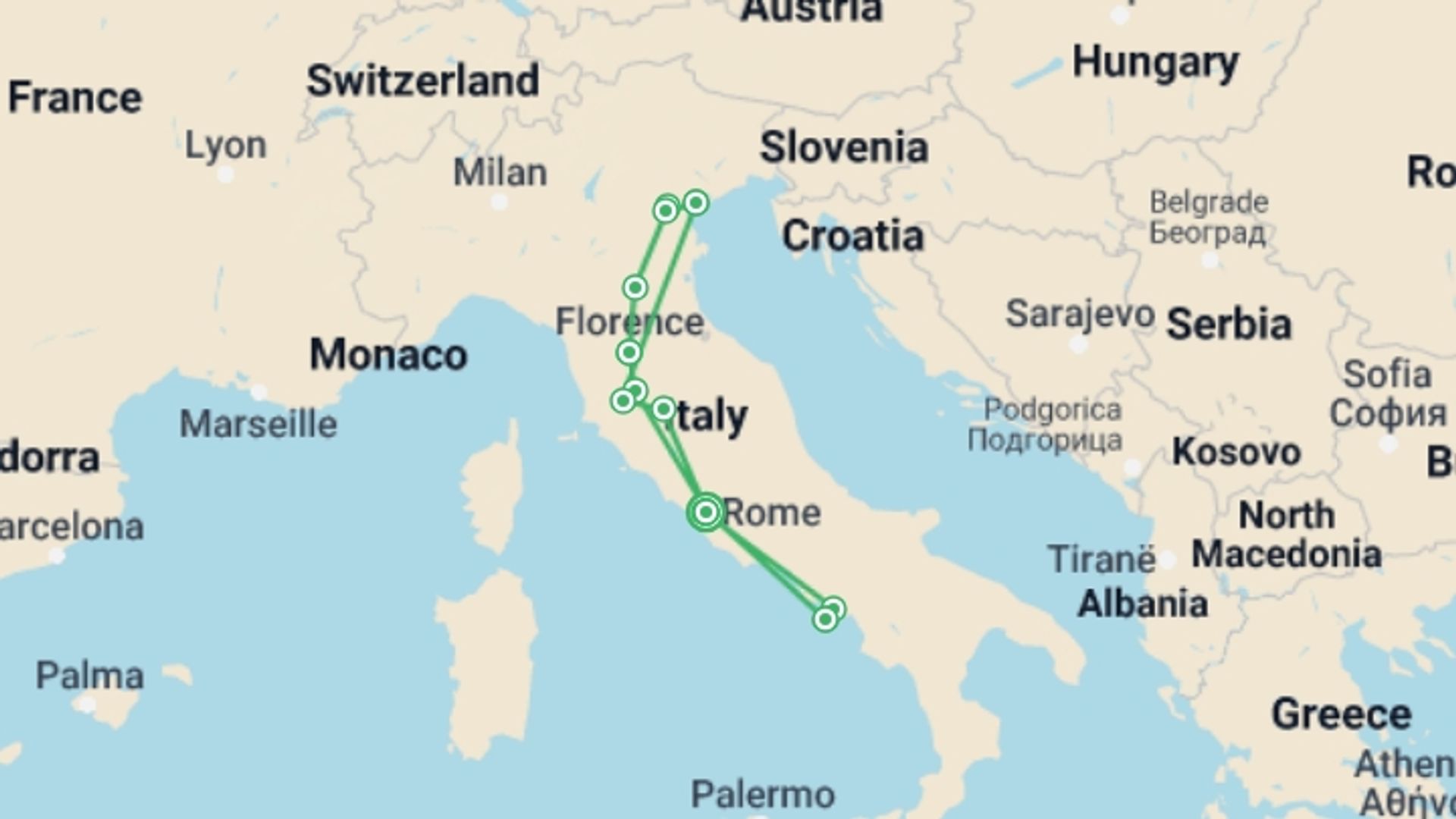 A map showing the tour itinerary for the trip: Grand Journey of Italy - 11 Days, starting in Rome, Italy and ending in Rome, Italy going through 12 other destinations.