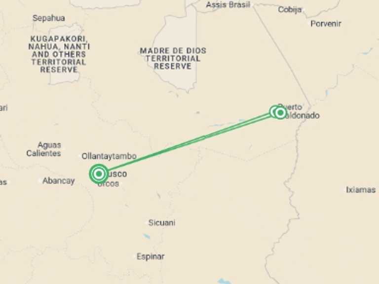 Map of Puerto Maldonado Adventure Tour with 3 destination visits for the trip: Puerto Maldonado Amazon Eco-Lodge 6D/5N (from Cuzco)