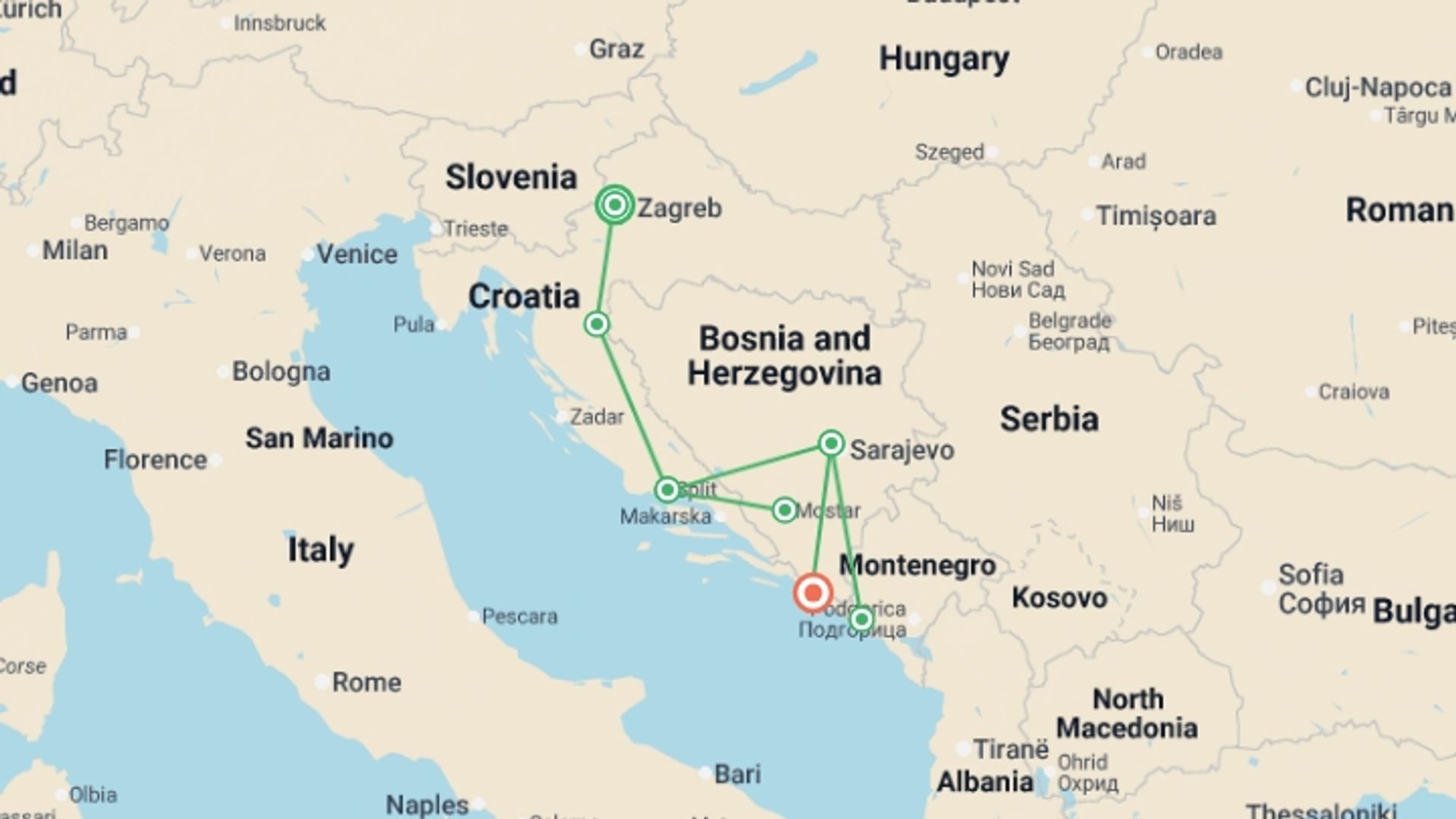 A map showing the tour itinerary for the trip: Balkan Delight, starting in Zagreb, Croatia and ending in Dubrovnik, Croatia going through 3 other destinations.