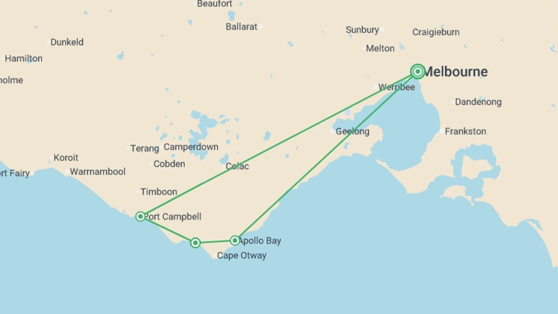A map showing the tour itinerary for the trip: Hike the Great Ocean Walk, starting in Melbourne, Australia and ending in Melbourne, Australia going through 3 other destinations.