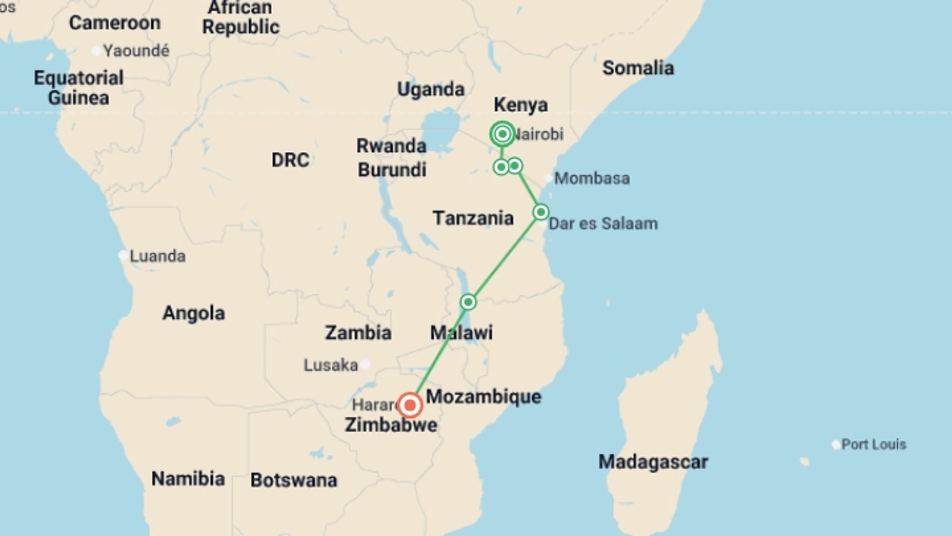 A map showing the tour itinerary for the trip: Nairobi To Harare (24 Days) Savanna Dawn, starting in Nairobi, Kenya and ending in Harare, Zimbabwe going through 4 other destinations.