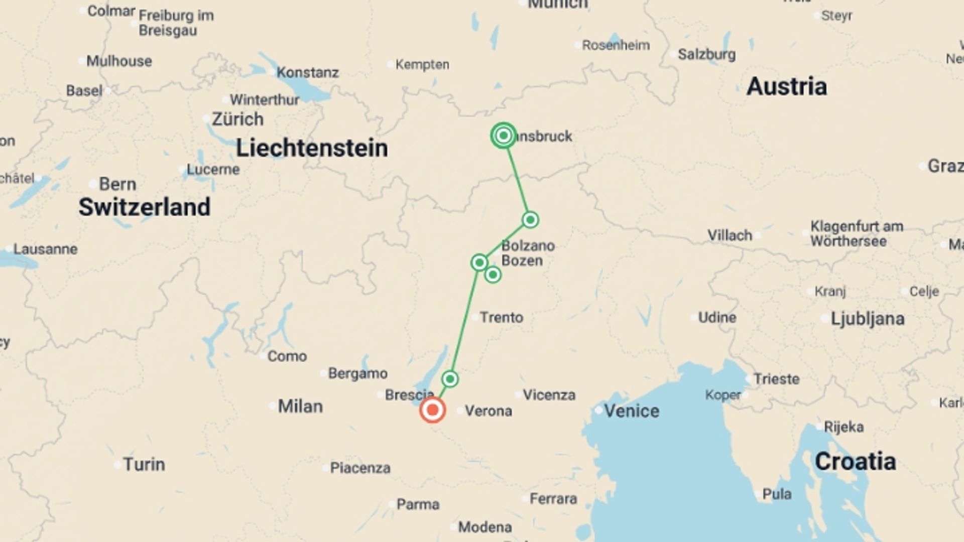 A map showing the tour itinerary for the trip: Cycle Innsbruck to Verona, starting in Innsbruck, Austria and ending in Verona, Italy going through 4 other destinations.