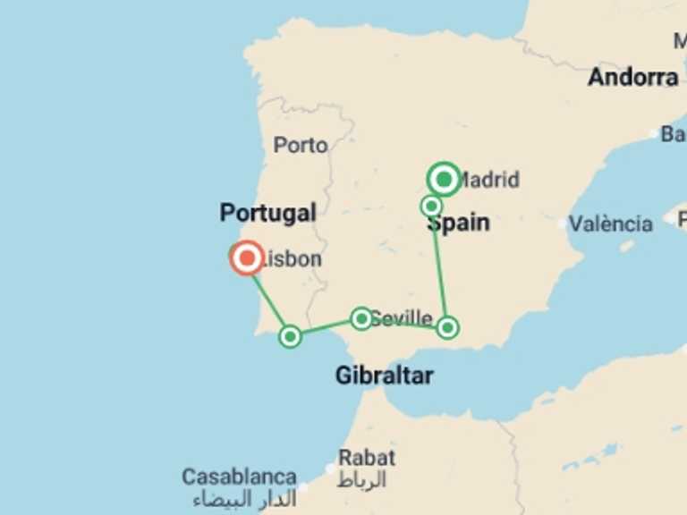Map of Mediterranean Tour with 5 destination visits for the trip: Madrid to Lisbon