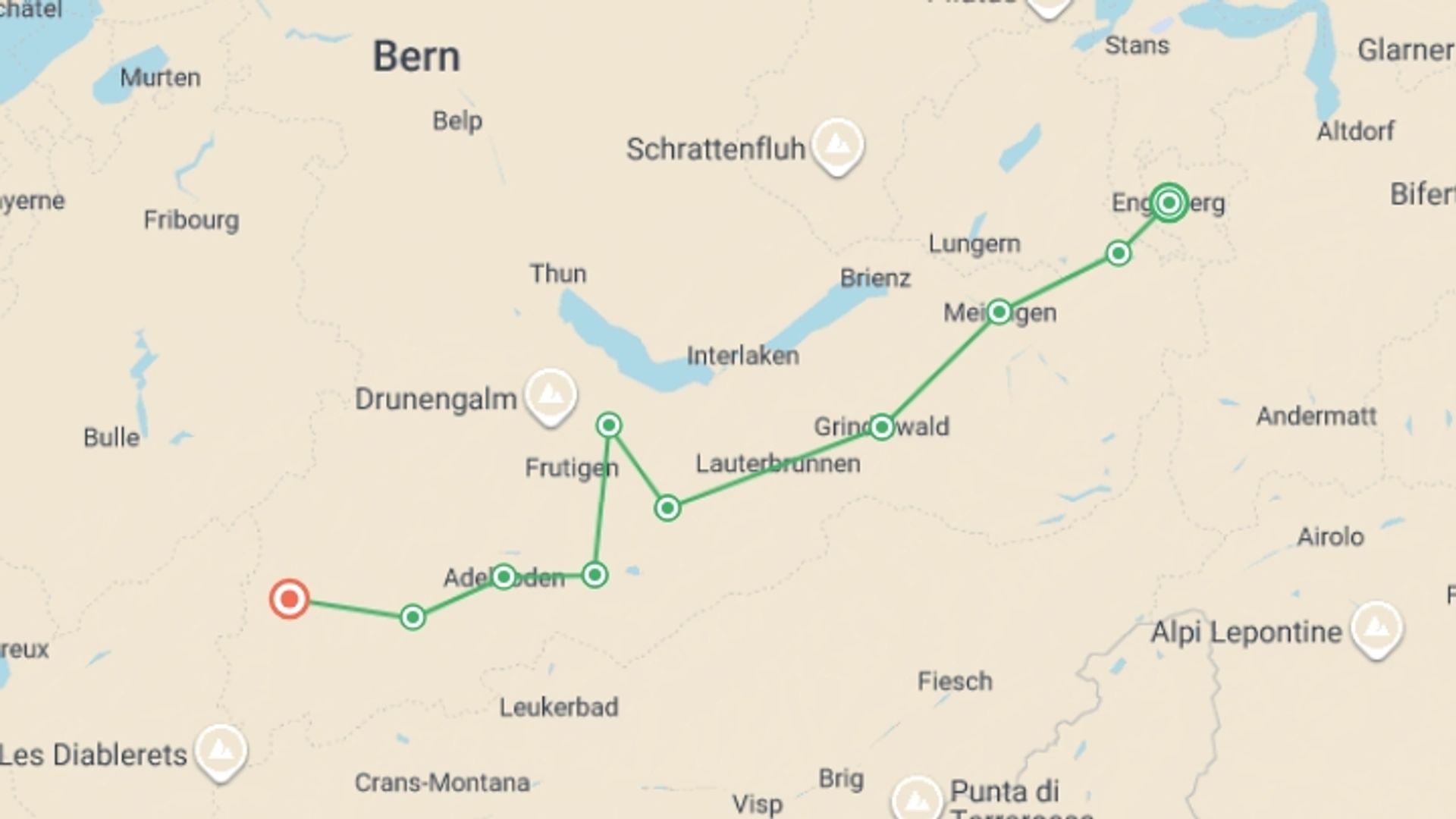 A map showing the tour itinerary for the trip: The Alpine Pass Route, starting in Engelberg, Switzerland and ending in Saanen, Switzerland going through 8 other destinations.