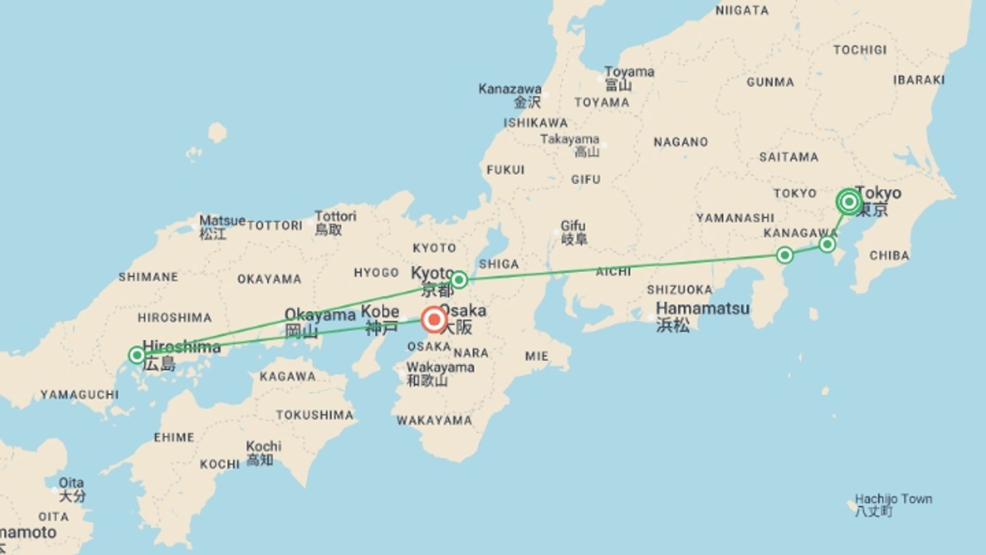 A map showing the tour itinerary for the trip: Essential Japan Explorer - 13 Days, starting in Tokyo, Japan and ending in Osaka, Japan going through 4 other destinations.