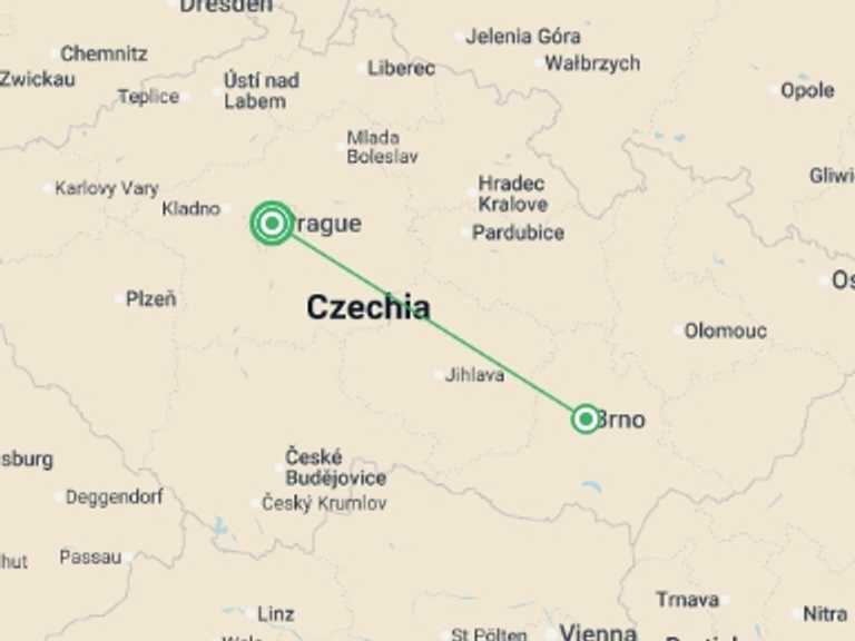 Map itinerary of Europe Tour in June 2026 with 2 destination visits for the trip: Czech Triangle