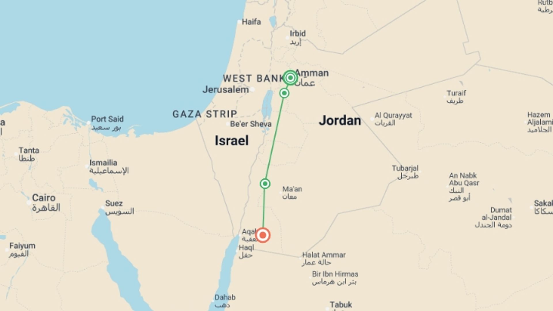 A map showing the tour itinerary for the trip: Jordan Express, starting in Amman, Jordan and ending in Wadi Rum, Jordan going through 1 other destinations.