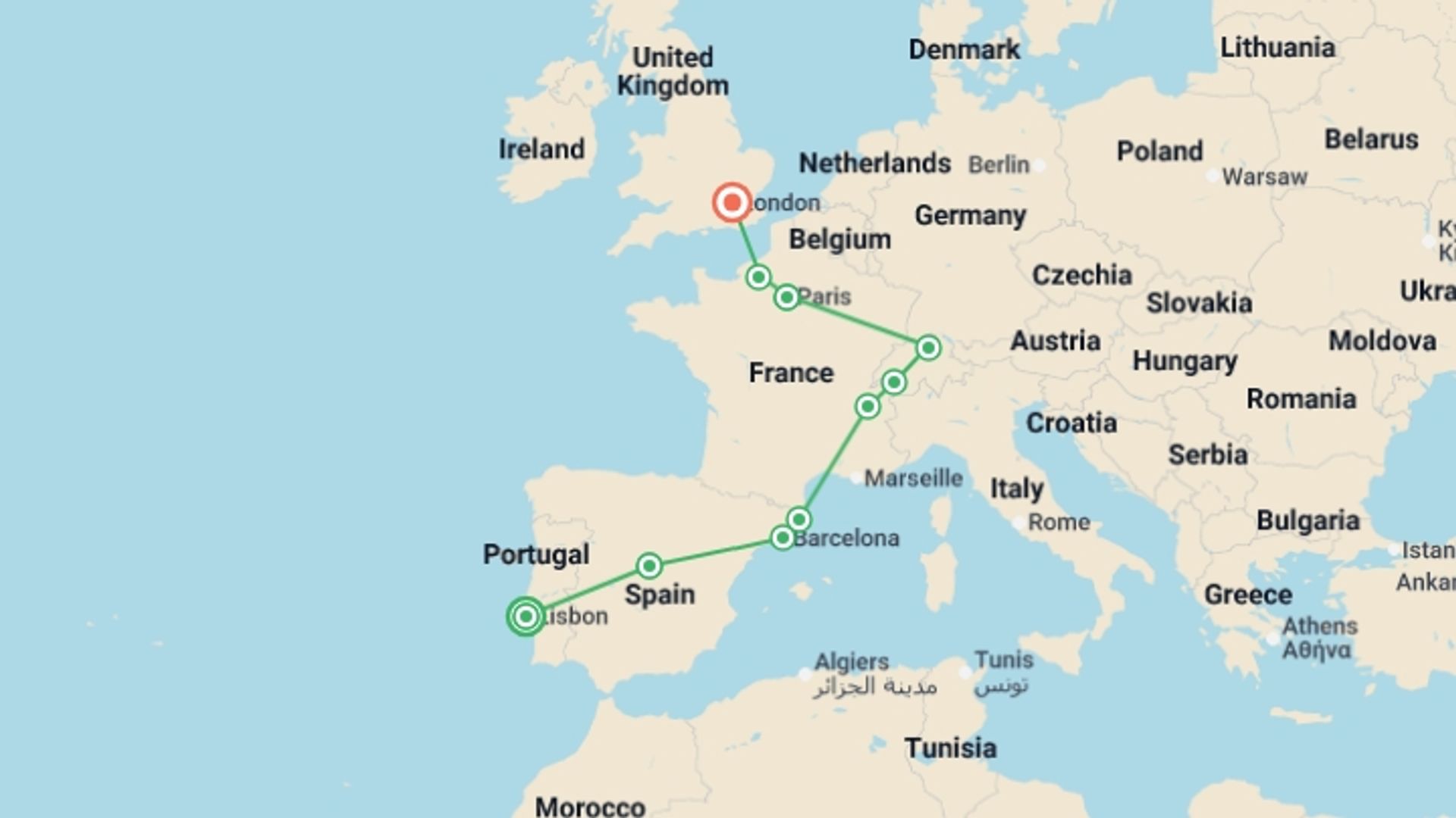 A map showing the tour itinerary for the trip: Five Countries, starting in Lisbon, Portugal and ending in London, England going through 8 other destinations.