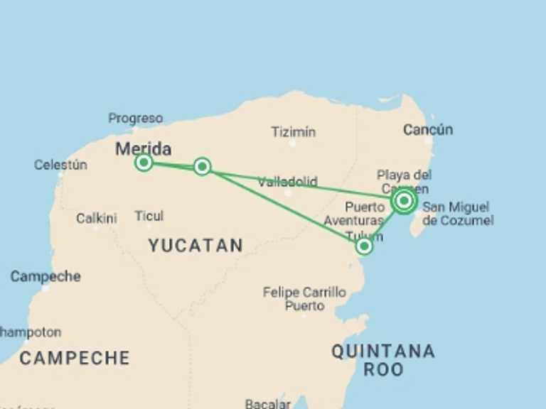 Map itinerary of Mexico Tour in March 2027 with 4 destination visits for the trip: Mexico Family Holiday